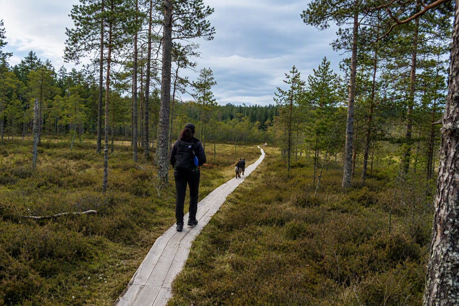 Person med rygsæk går på træsti gennem skov, ledsaget af sort hund i naturlandskab i Säfsen